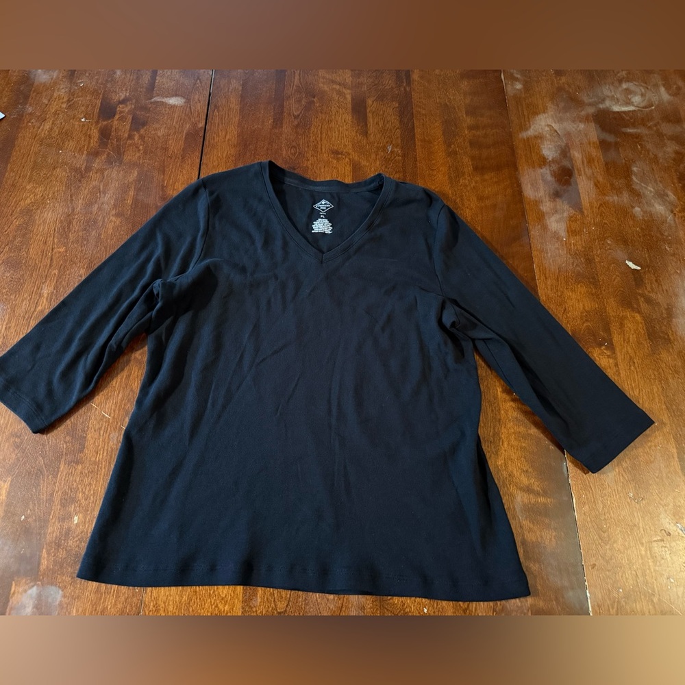 St. John’s Bay Petite Black 3/4 Length Sleeves Cotton Top PL L